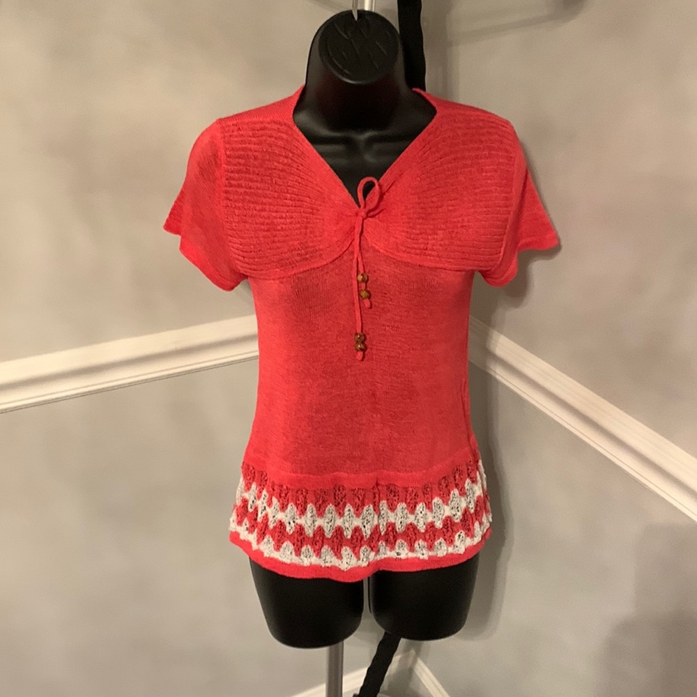 Carducci Coral & White Short Sleeved Sweater NWT Size M